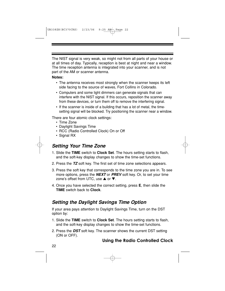 Setting your time zone, Setting the daylight savings time option | Uniden BC370CRS User Manual | Page 22 / 40