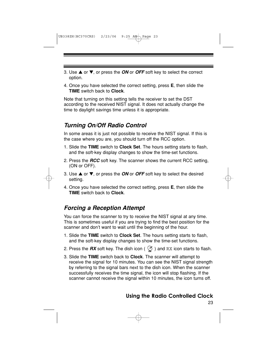 Turning on/off radio control, Forcing a reception attempt | Uniden BC370CRS User Manual | Page 23 / 40