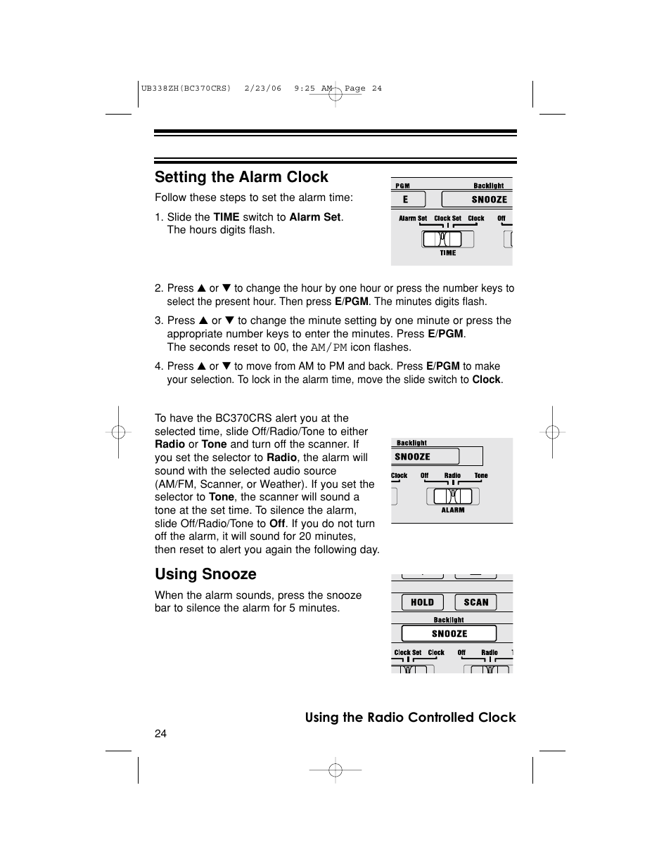Setting the alarm clock, Using snooze | Uniden BC370CRS User Manual | Page 24 / 40