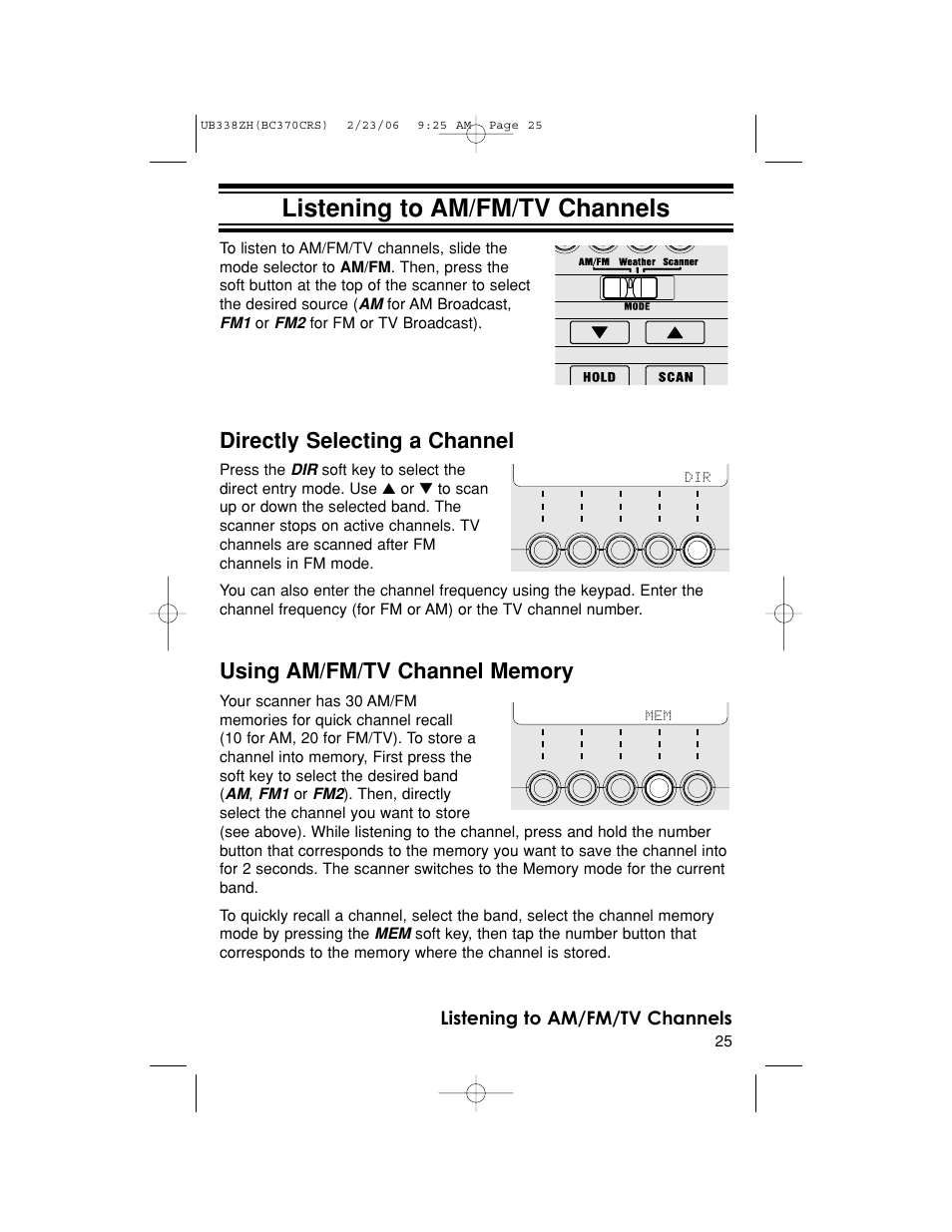 Listening to am/fm/tv channels, Directly selecting a channel | Uniden BC370CRS User Manual | Page 25 / 40