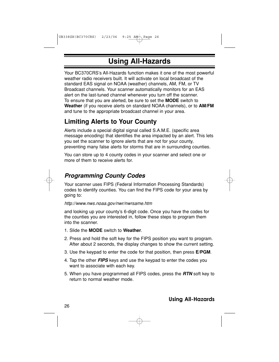 Using all-hazards, Limiting alerts to your county, Programming county codes | Uniden BC370CRS User Manual | Page 26 / 40