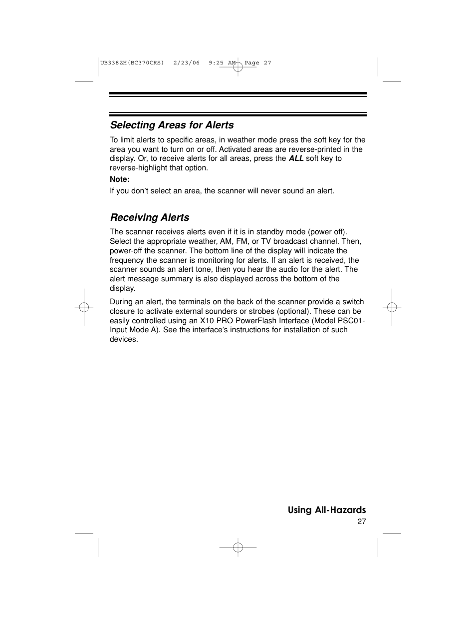 Selecting areas for alerts, Receiving alerts | Uniden BC370CRS User Manual | Page 27 / 40