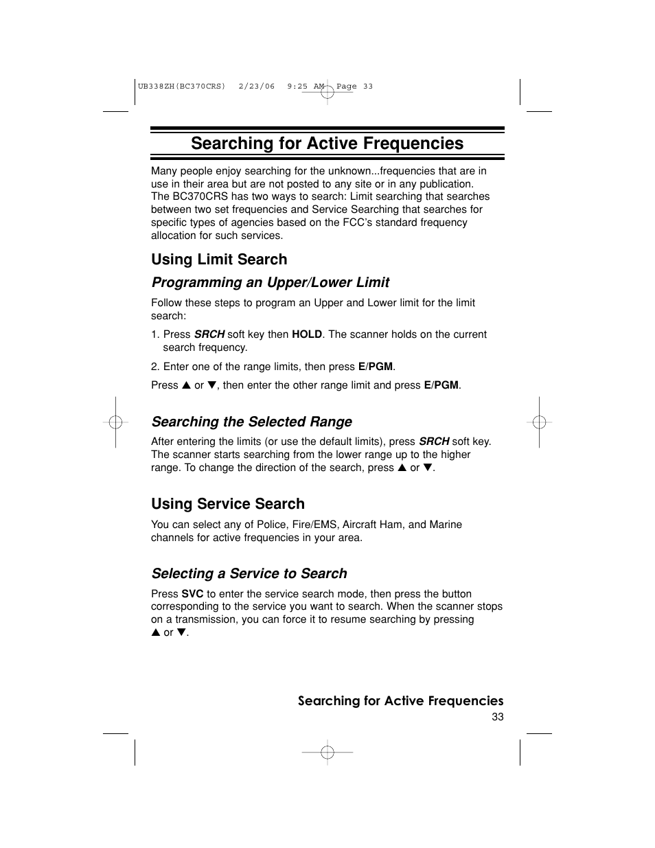 Searching for active frequencies, Using limit search, Using service search | Uniden BC370CRS User Manual | Page 33 / 40