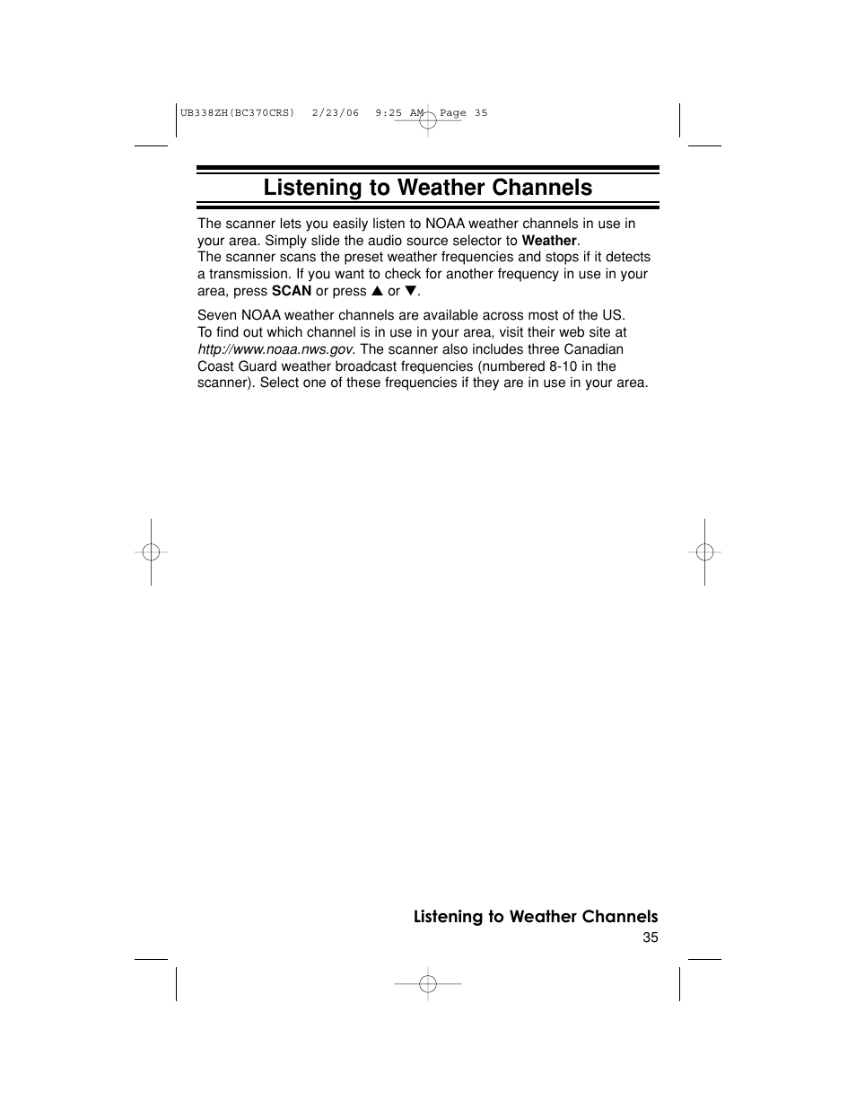 Listening to weather channels | Uniden BC370CRS User Manual | Page 35 / 40