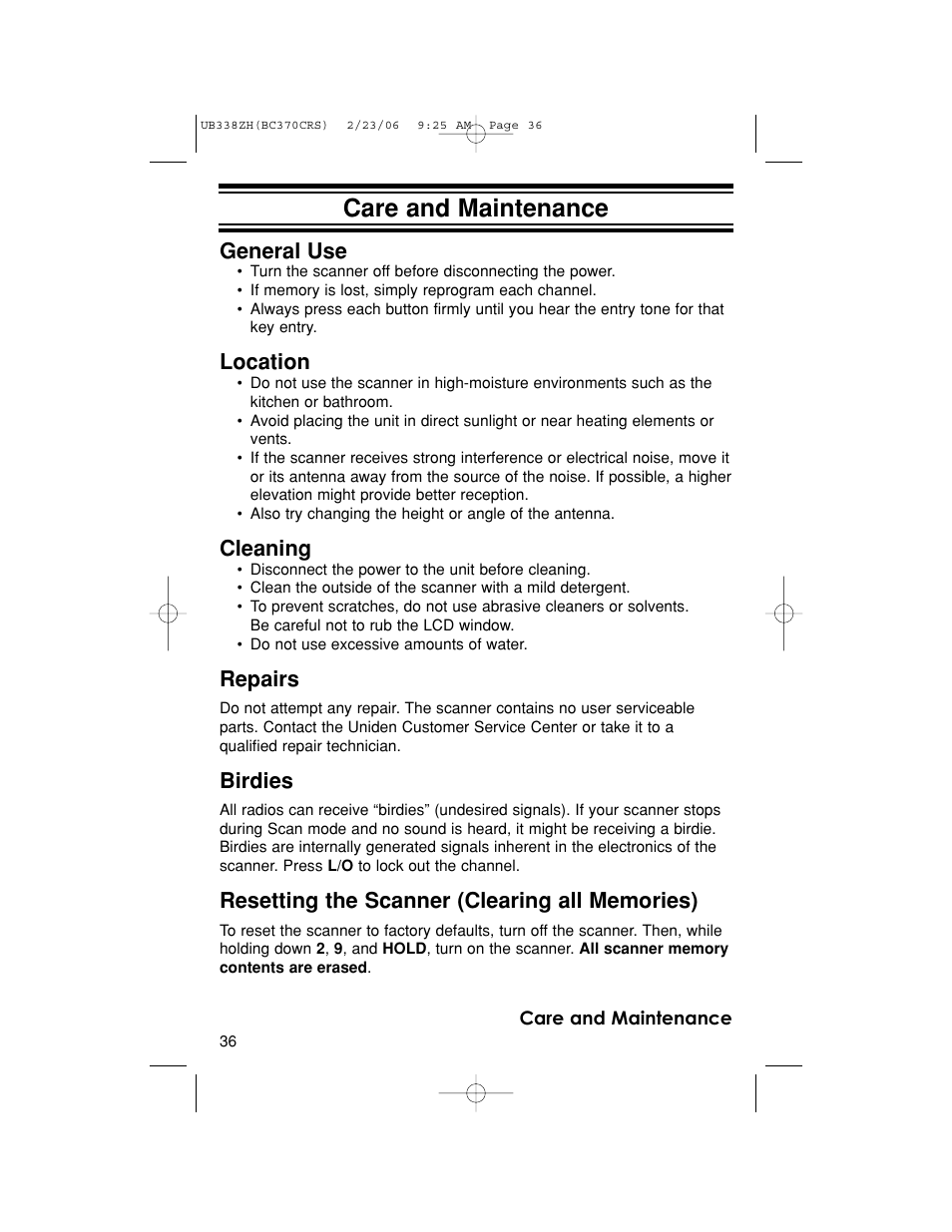 Care and maintenance, General use, Location | Cleaning, Repairs, Birdies | Uniden BC370CRS User Manual | Page 36 / 40