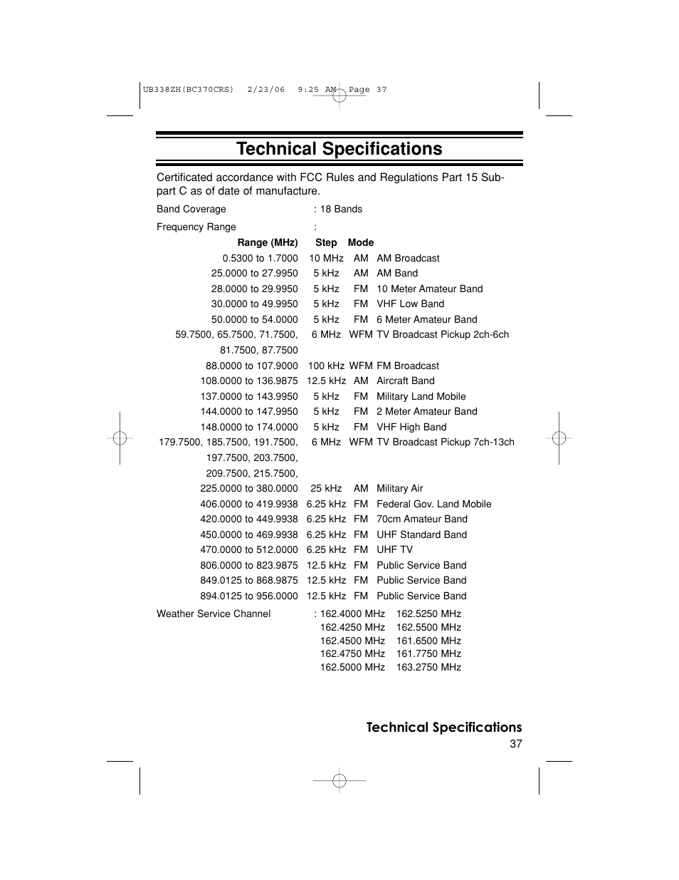 Technical specifications | Uniden BC370CRS User Manual | Page 37 / 40