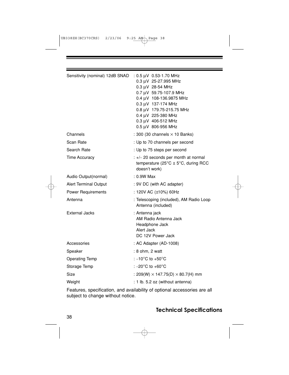 Technical specifications | Uniden BC370CRS User Manual | Page 38 / 40