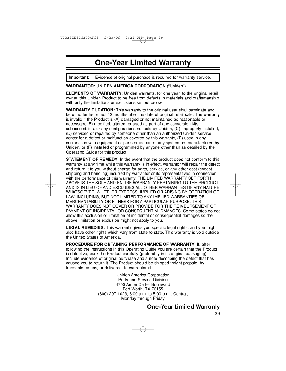 One-year limited warranty | Uniden BC370CRS User Manual | Page 39 / 40