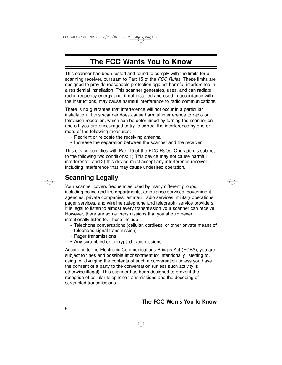 The fcc wants you to know, Scanning legally | Uniden BC370CRS User Manual | Page 6 / 40