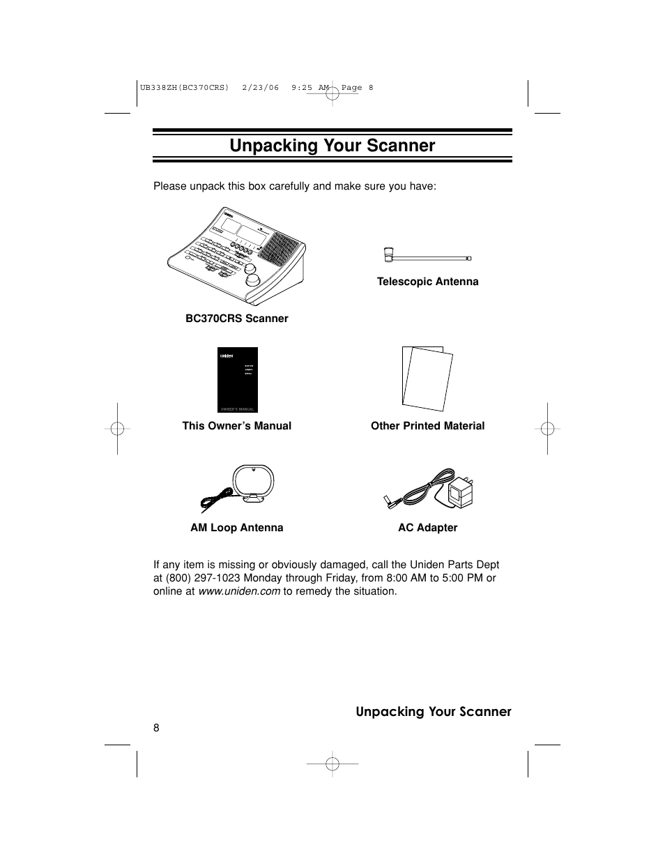 Unpacking your scanner | Uniden BC370CRS User Manual | Page 8 / 40