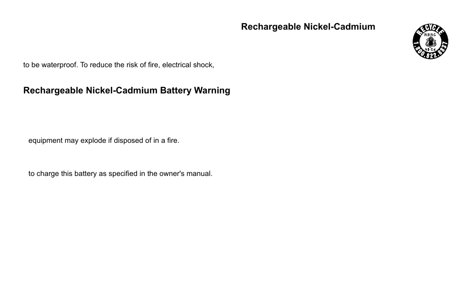 Precautions, Warning, Rechargeable nickel-cadmium battery warning | Uniden EXI4560 User Manual | Page 39 / 48