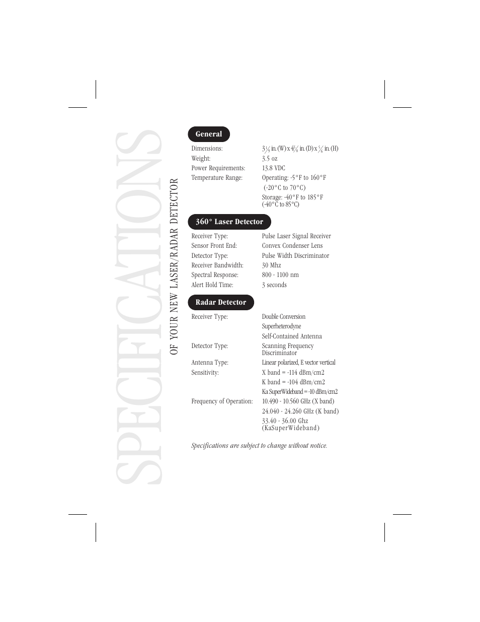 Sp ec ific at io ns | Uniden LRD 6250SWS User Manual | Page 22 / 23