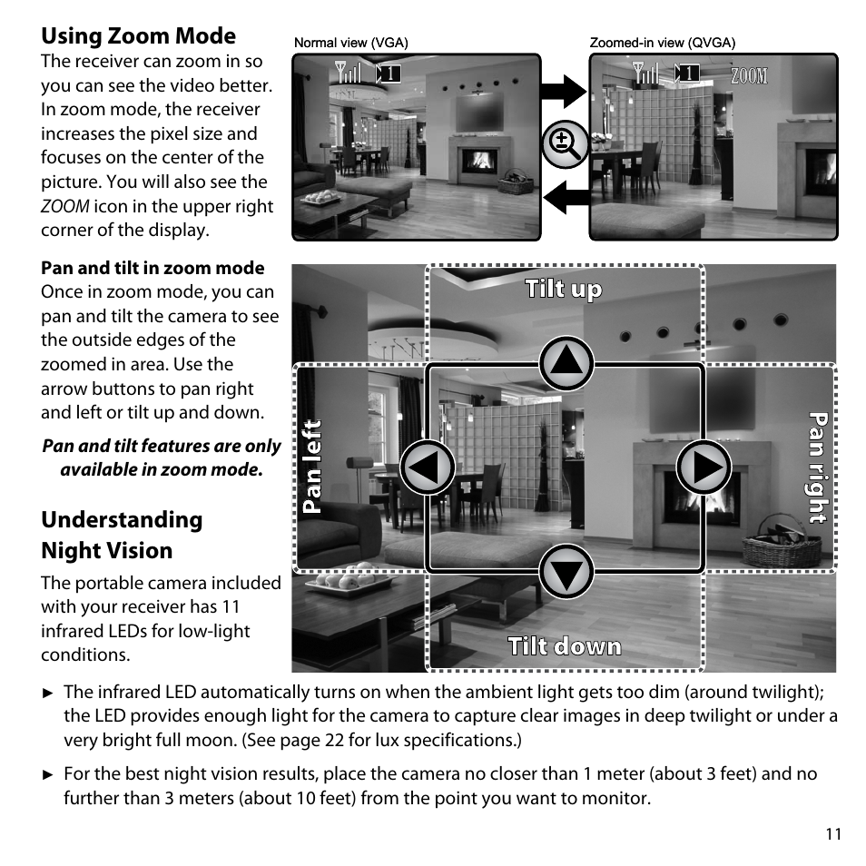 Using zoom mode, Pan and tilt in zoom mode, Understanding night vision | Uniden UDW-10003 User Manual | Page 11 / 24
