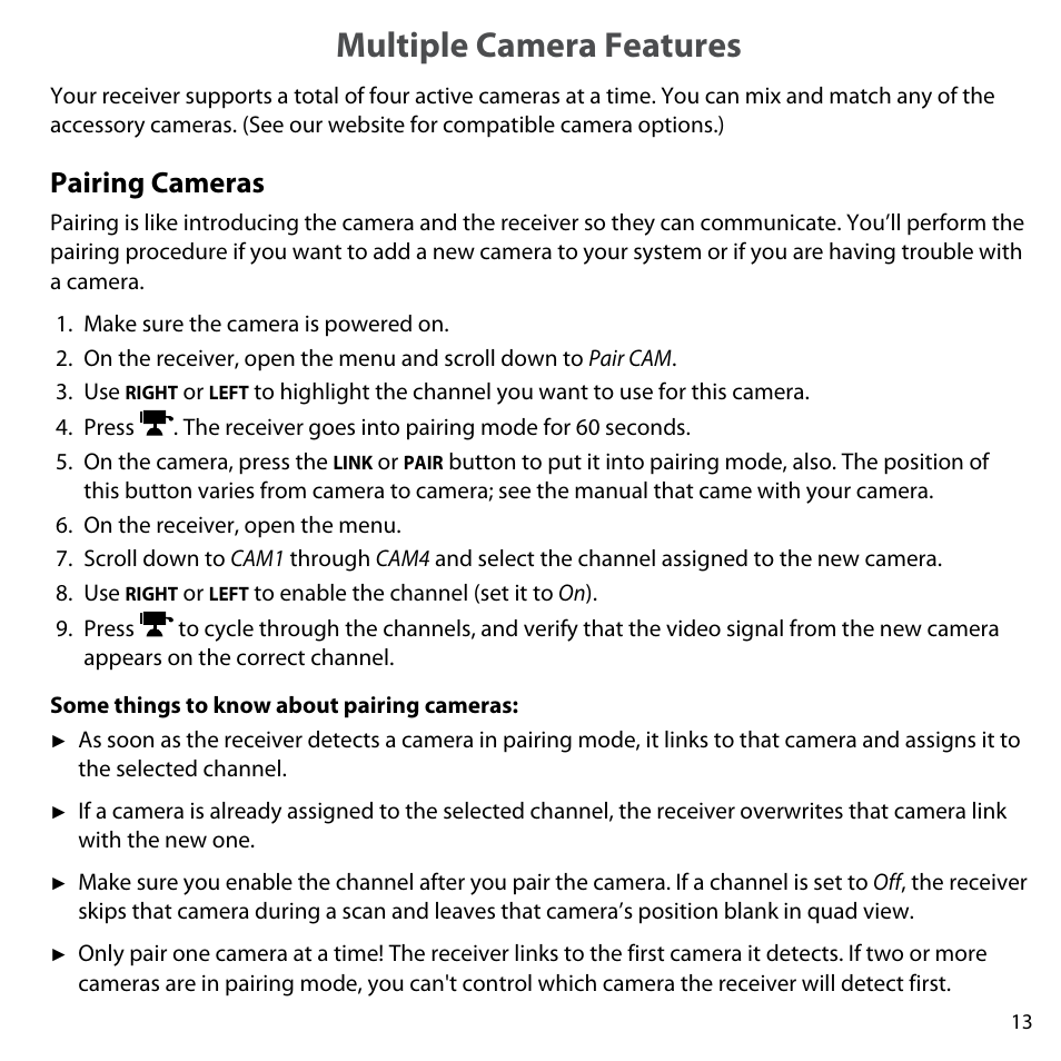 Multiple camera features, Pairing cameras, Some things to know about pairing cameras | Multiple camera features pairing cameras, Some things to know about | Uniden UDW-10003 User Manual | Page 13 / 24