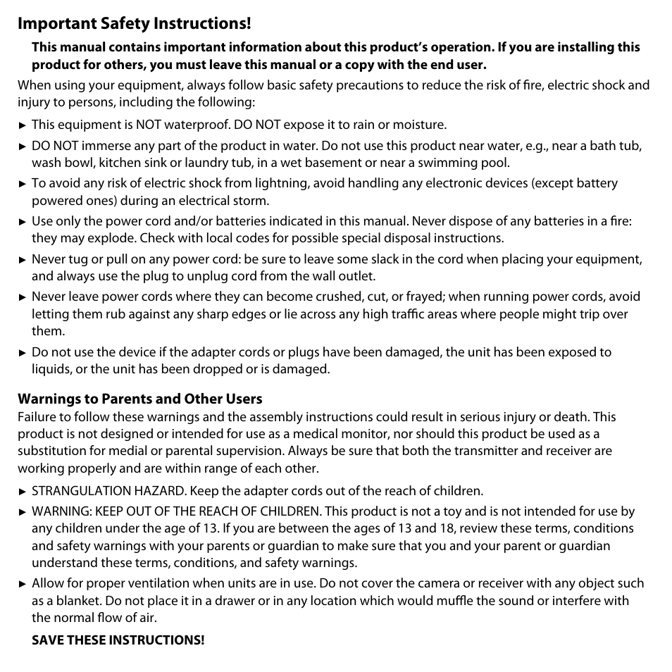 Important safety instructions, Warnings to parents and other users | Uniden UDW-10003 User Manual | Page 2 / 24