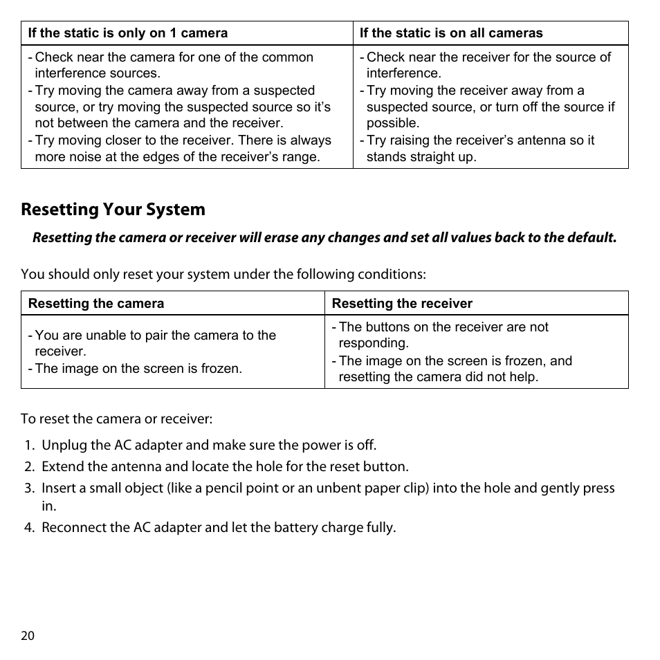 Resetting your system | Uniden UDW-10003 User Manual | Page 20 / 24