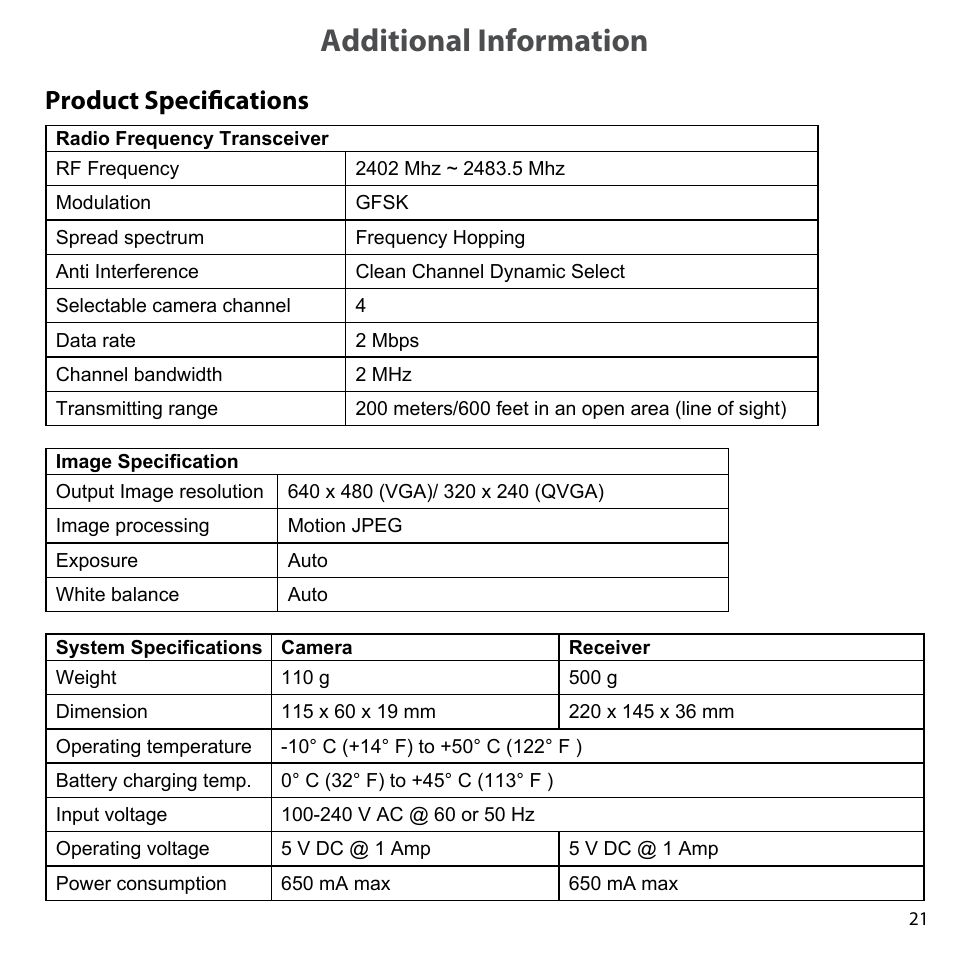 Additional information, Product specifications, Additional information product specifications | Uniden UDW-10003 User Manual | Page 21 / 24