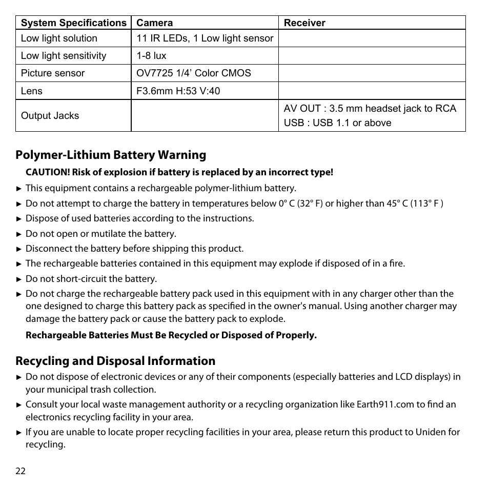 Polymer-lithium battery warning, Recycling and disposal information, Polymer-lithium battery | Warning, Recycling and disposal, Information | Uniden UDW-10003 User Manual | Page 22 / 24