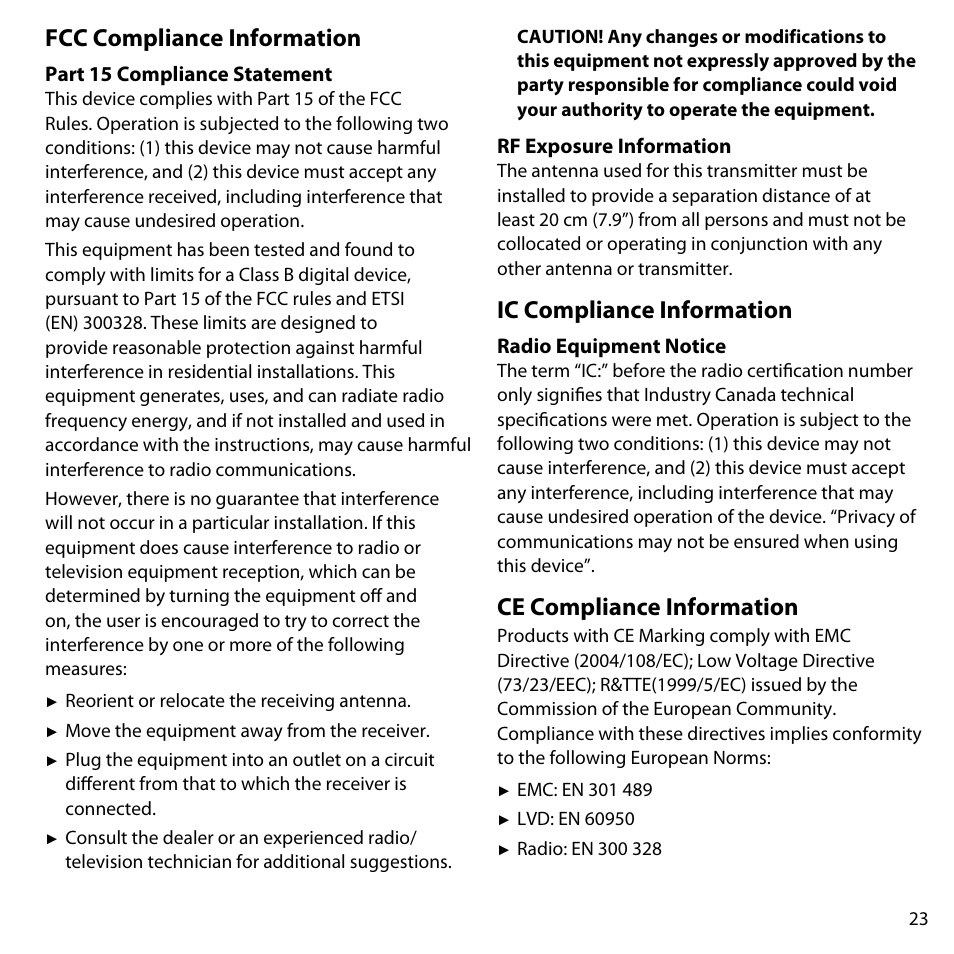 Fcc compliance information, Part 15 compliance statement, Rf exposure information | Ic compliance information, Radio equipment notice, Ce compliance information | Uniden UDW-10003 User Manual | Page 23 / 24