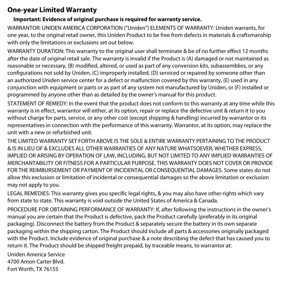 One-year limited warranty | Uniden UDW-10003 User Manual | Page 24 / 24