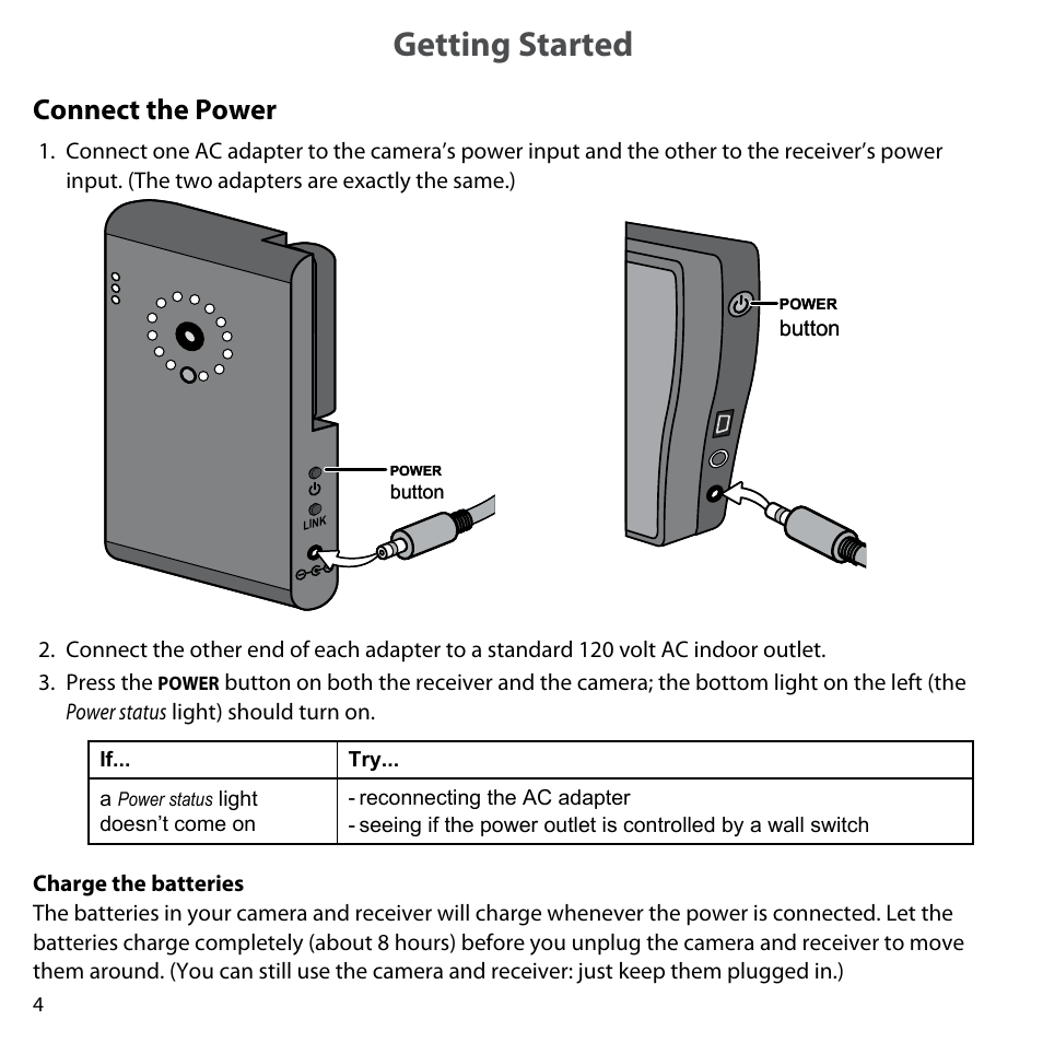 Getting started, Connect the power, Charge the batteries | Getting started connect the power | Uniden UDW-10003 User Manual | Page 4 / 24