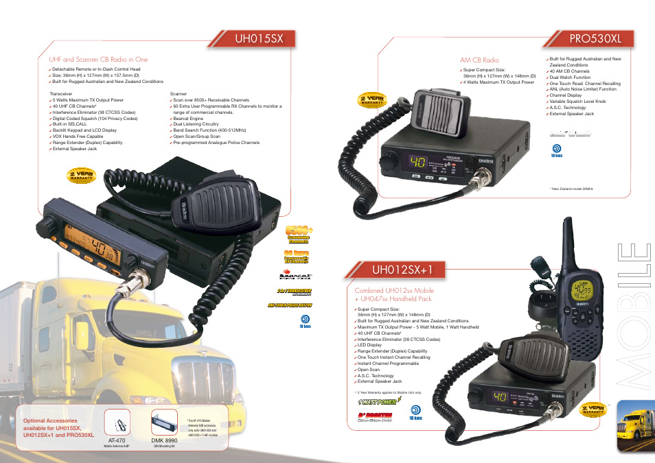 Uh015sx, Pro530xl, Uh012sx+1 | Am cb radio, Uhf and scanner cb radio in one | Uniden UH500SX User Manual | Page 2 / 2