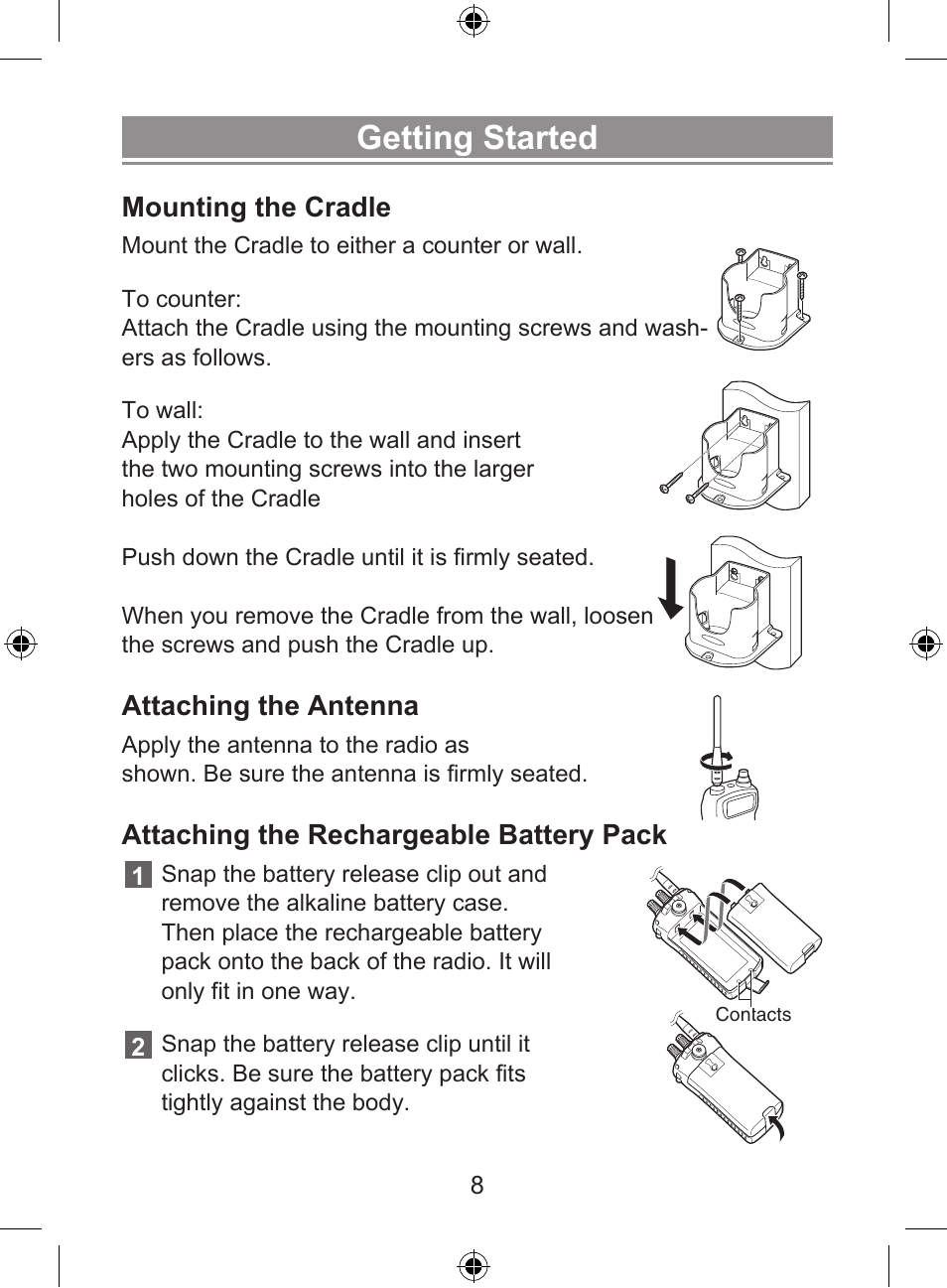 Getting started, Mounting the cradle, Attaching the antenna | Attaching the rechargeable battery pack | Uniden 250 User Manual | Page 10 / 28