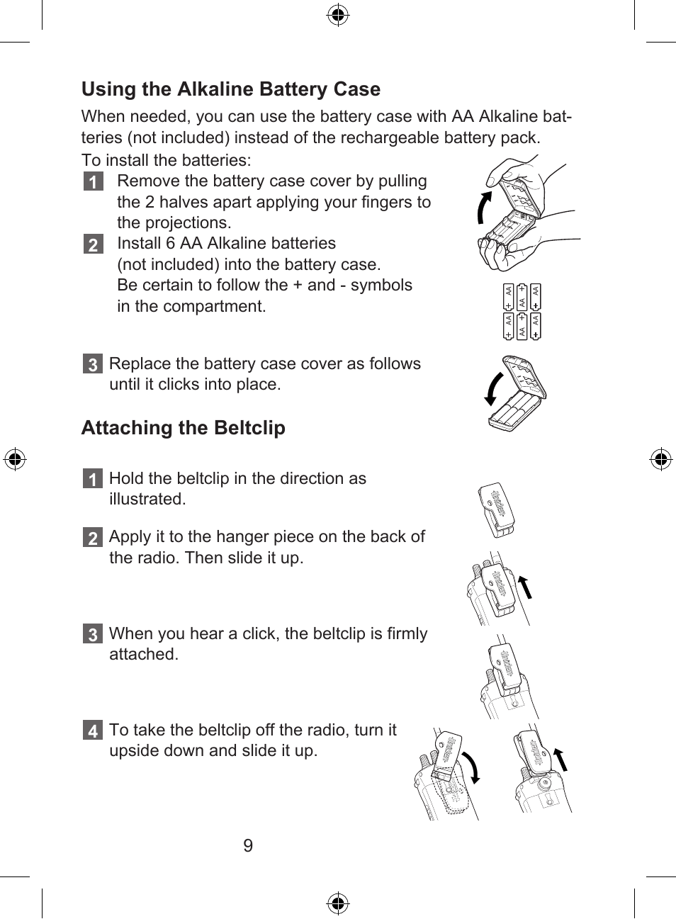 Using the alkaline battery case, Attaching the beltclip | Uniden 250 User Manual | Page 11 / 28