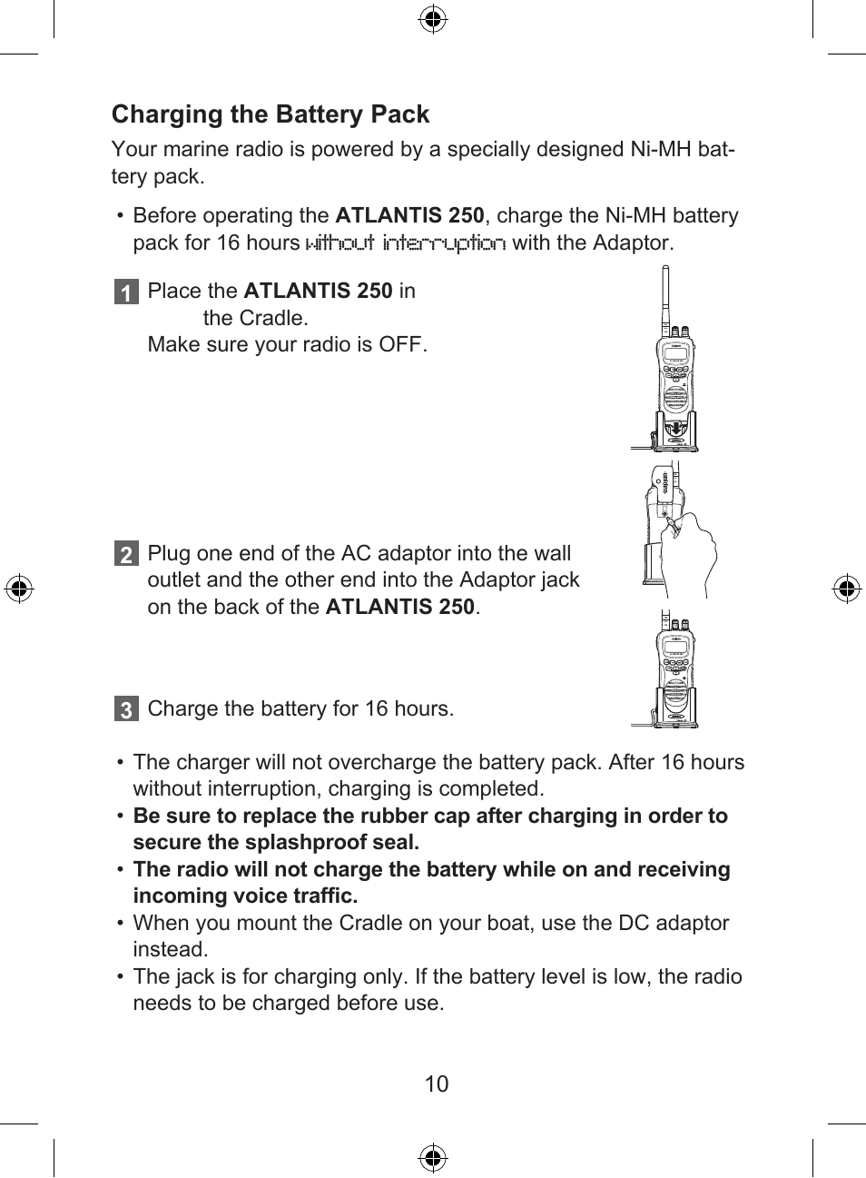 Charging the battery pack | Uniden 250 User Manual | Page 12 / 28