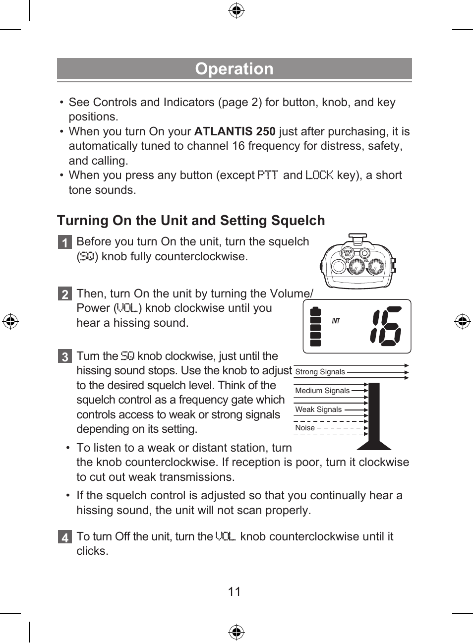 Operation, Turning on the unit and setting squelch | Uniden 250 User Manual | Page 13 / 28