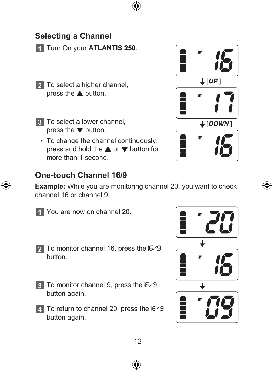 Selecting a channel, One-touch channel 16/9 | Uniden 250 User Manual | Page 14 / 28
