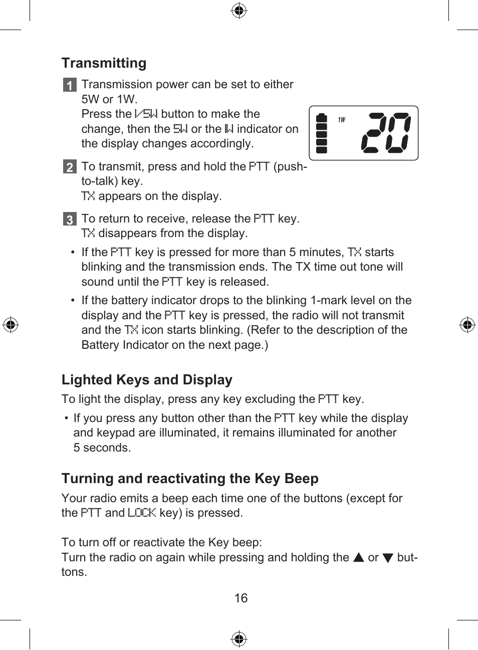 Transmitting, Lighted keys and display, Turning and reactivating the key beep | Uniden 250 User Manual | Page 18 / 28