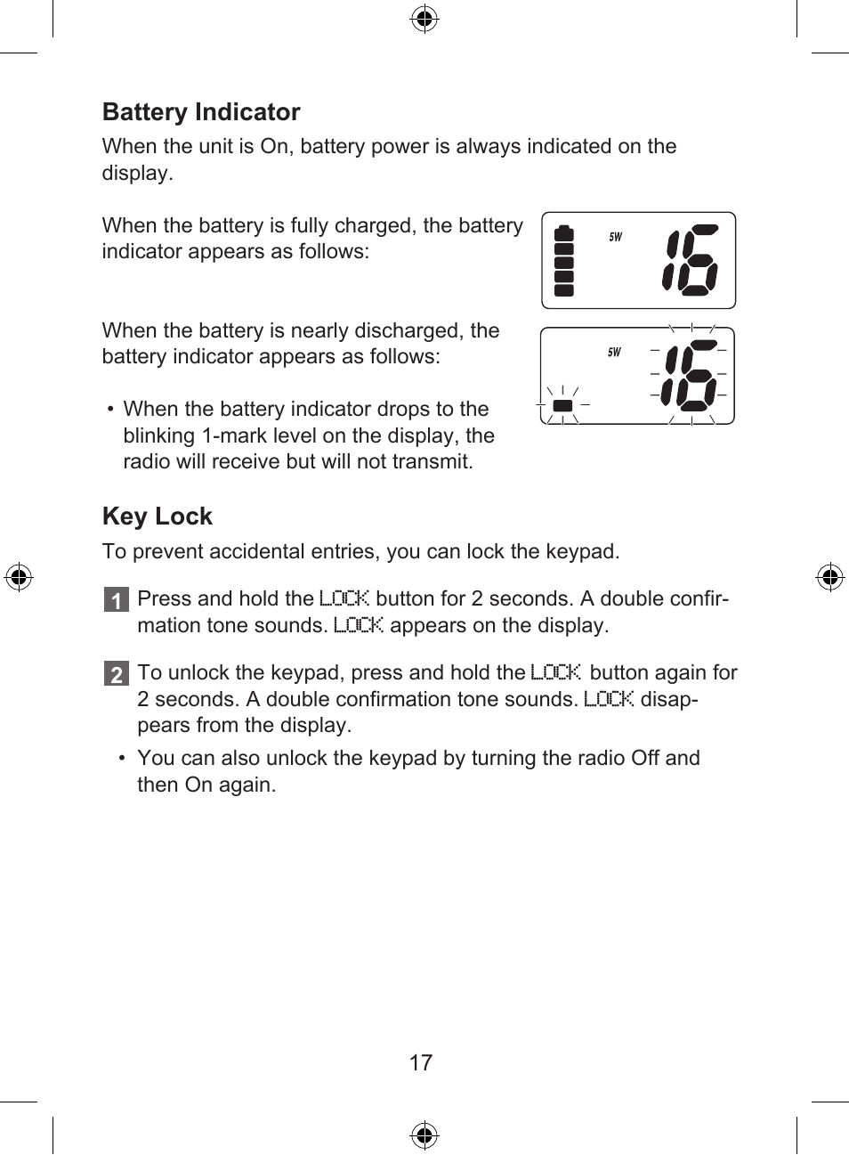 Battery indicator, Key lock | Uniden 250 User Manual | Page 19 / 28