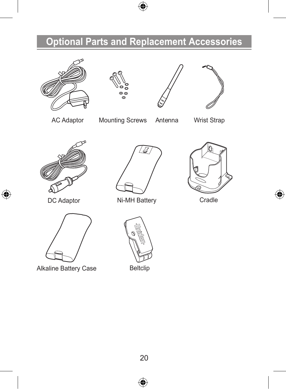 Optional parts and replacement accessories | Uniden 250 User Manual | Page 22 / 28