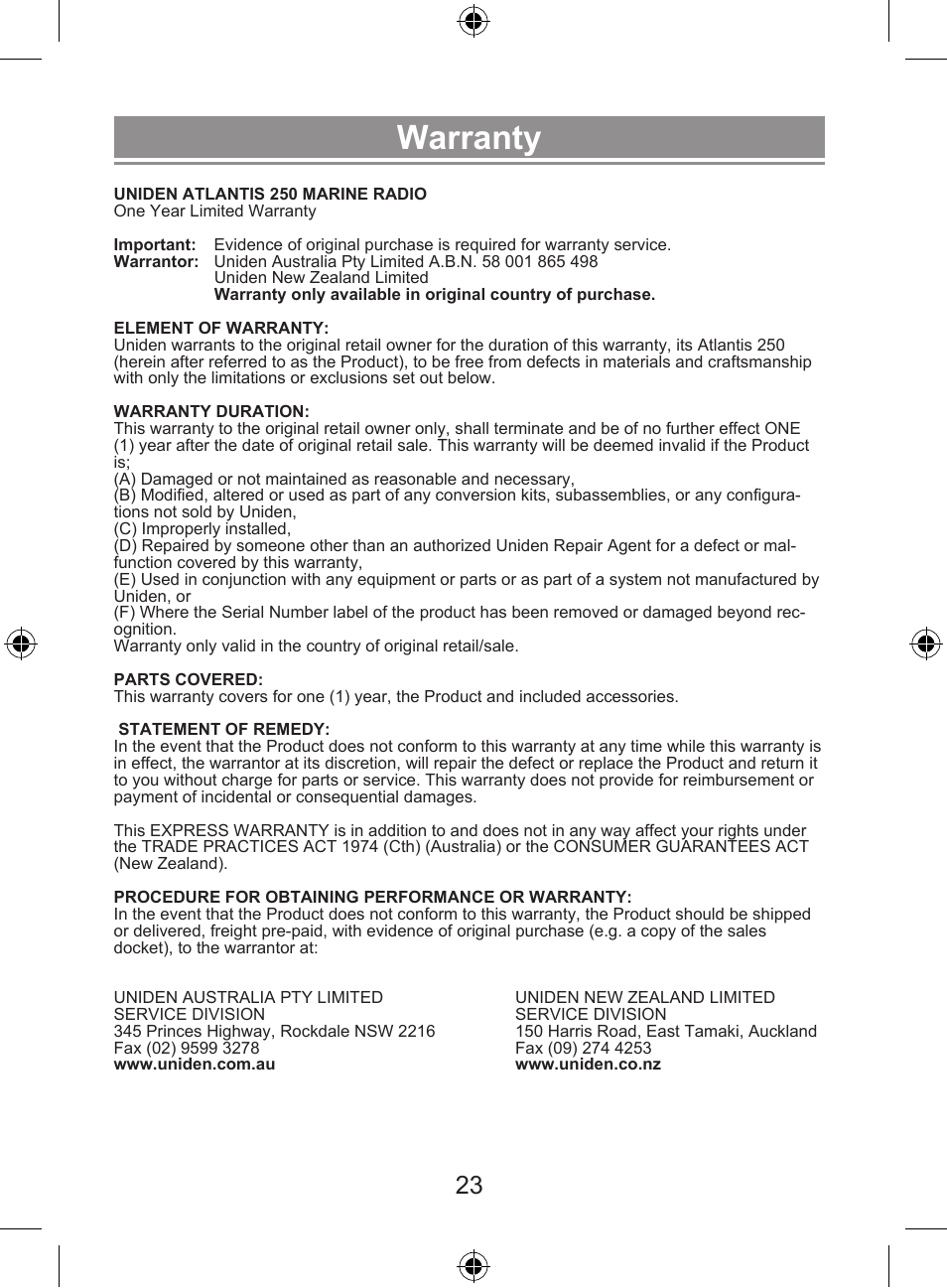 Warranty | Uniden 250 User Manual | Page 25 / 28