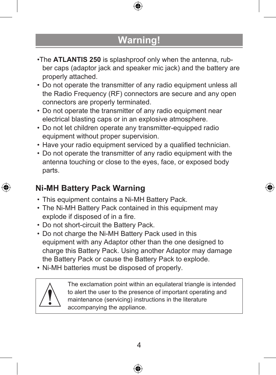 Warning, Ni-mh battery pack warning | Uniden 250 User Manual | Page 6 / 28