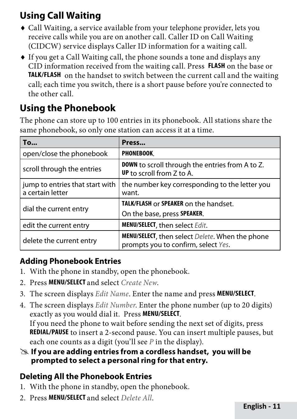 Using call waiting, Using the phonebook | Uniden D1685 User Manual | Page 11 / 24