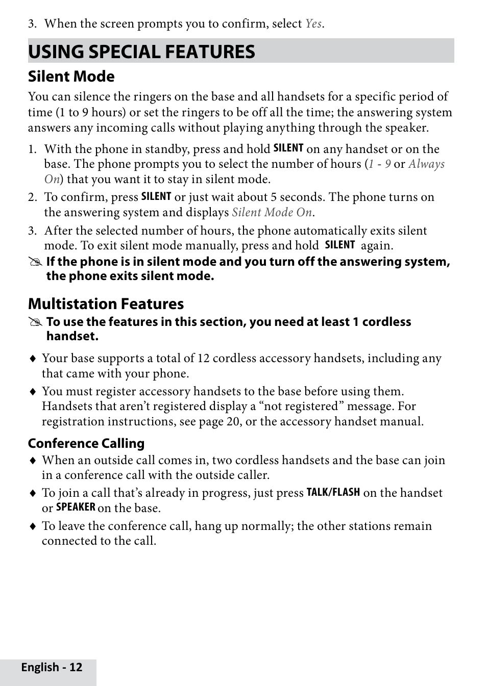 Using special features, Silent mode, Multistation features | Uniden D1685 User Manual | Page 12 / 24