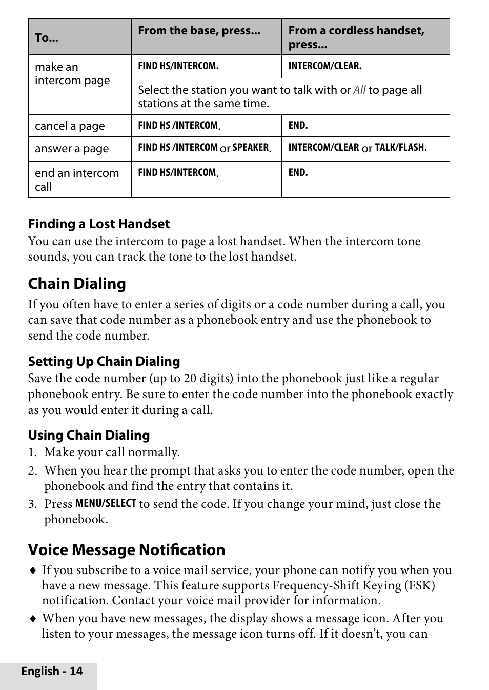 Chain dialing, Voice message notification | Uniden D1685 User Manual | Page 14 / 24
