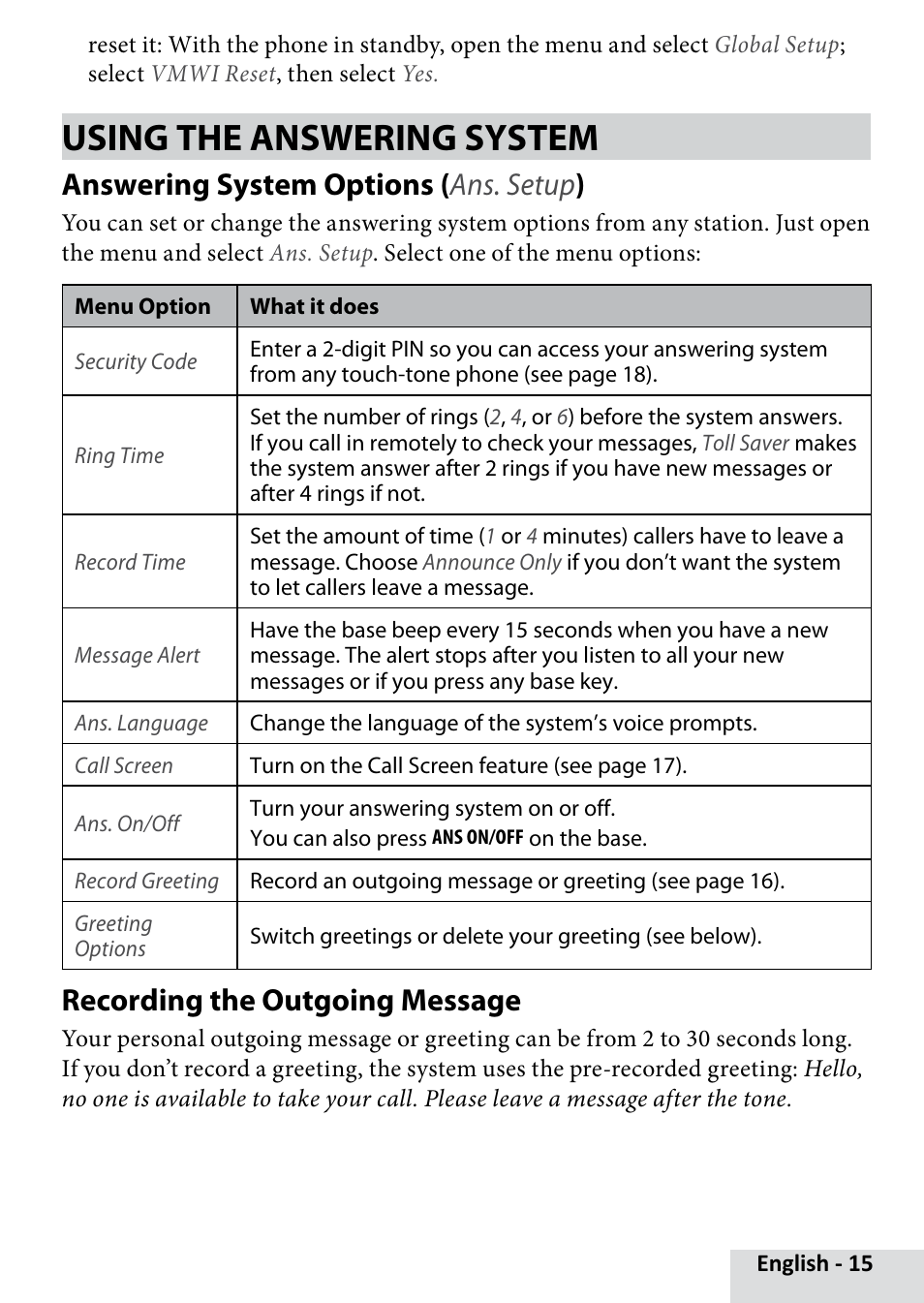 Using the answering system, Answering system options ( ans. setup ), Recording the outgoing message | Uniden D1685 User Manual | Page 15 / 24