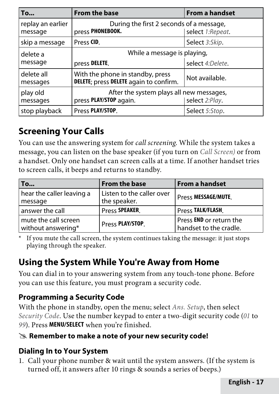 Screening your calls, Using the system while you're away from home | Uniden D1685 User Manual | Page 17 / 24