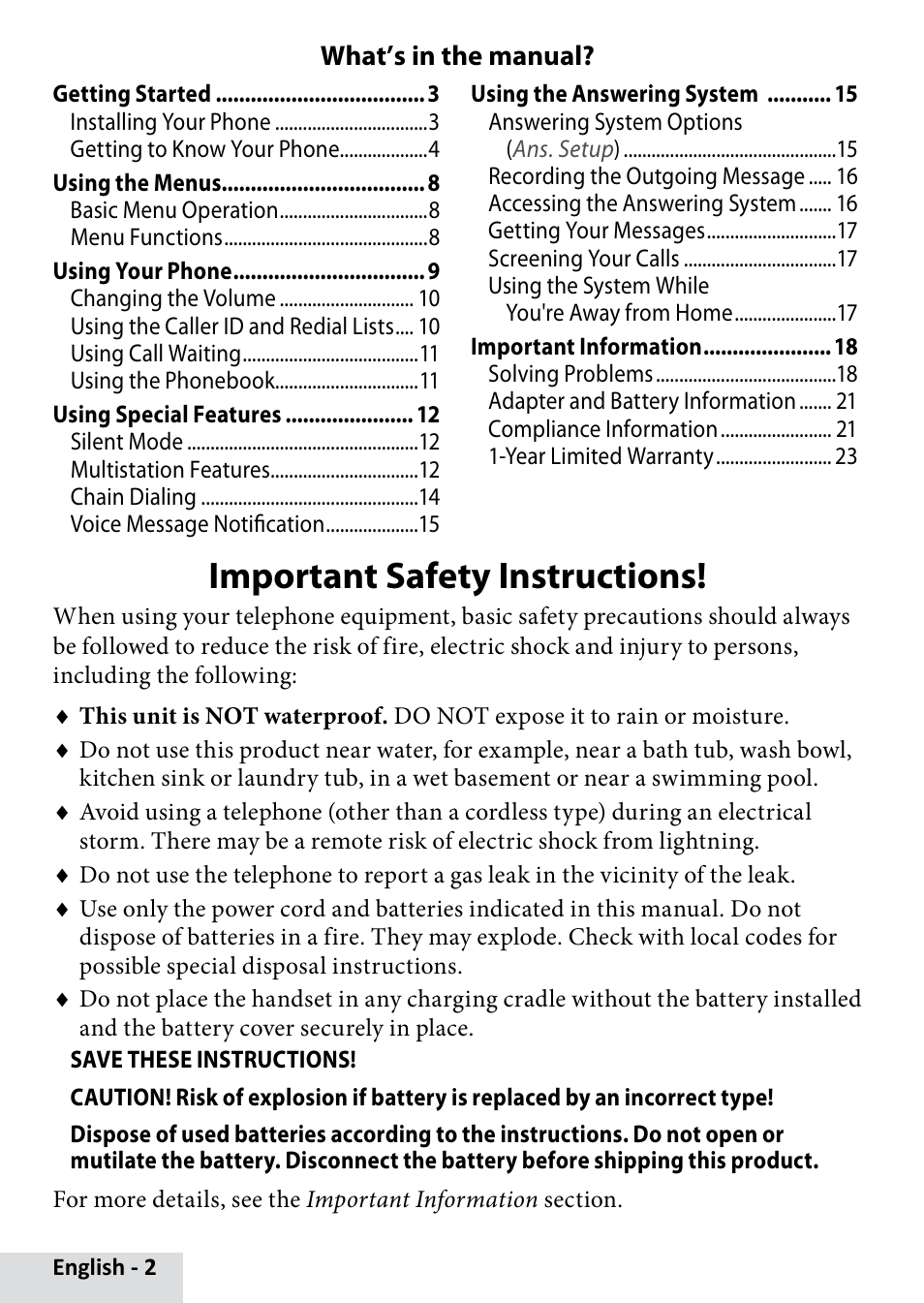 Important safety instructions | Uniden D1685 User Manual | Page 2 / 24