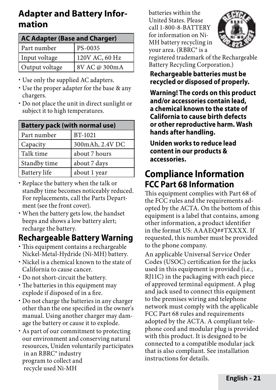 Compliance information, Adapter and battery infor- mation, Rechargeable battery warning | Fcc part 68 information | Uniden D1685 User Manual | Page 21 / 24