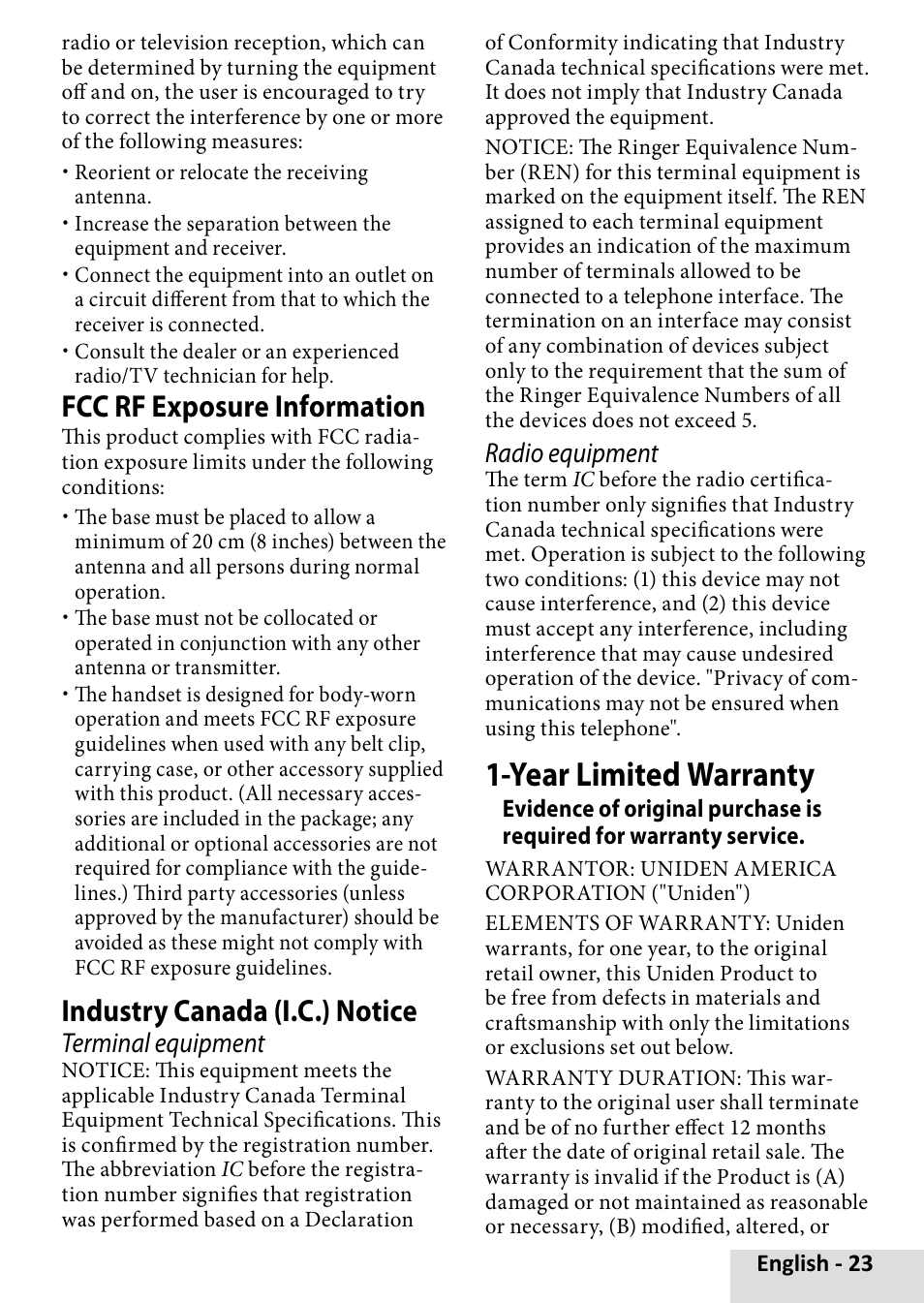 Year limited warranty, Fcc rf exposure information, Industry canada (i.c.) notice | Terminal equipment, Radio equipment | Uniden D1685 User Manual | Page 23 / 24