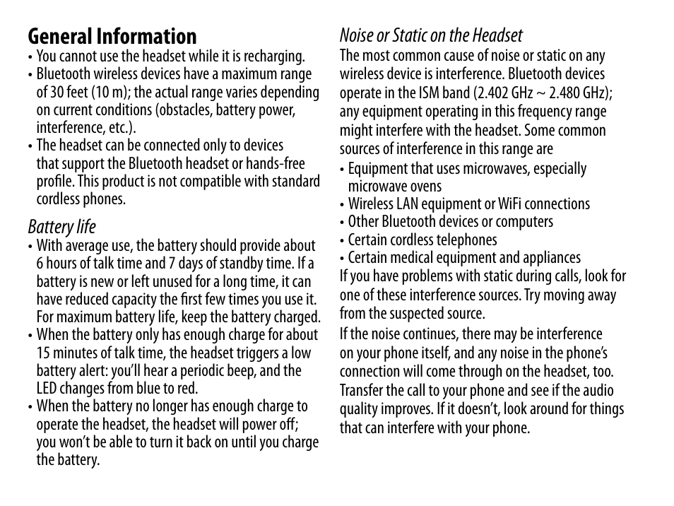 General information, Battery life, Noise or static on the headset | Uniden BT229 User Manual | Page 12 / 16