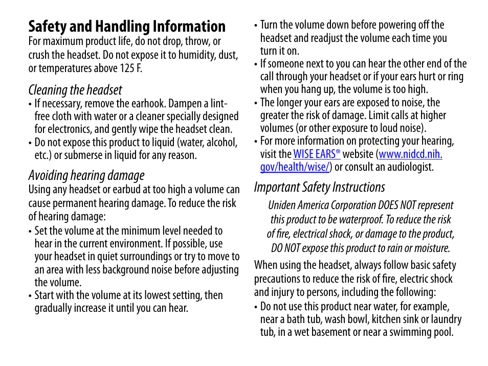 Safety and handling information, Cleaning the headset, Avoiding hearing damage | Important safety instructions | Uniden BT229 User Manual | Page 13 / 16