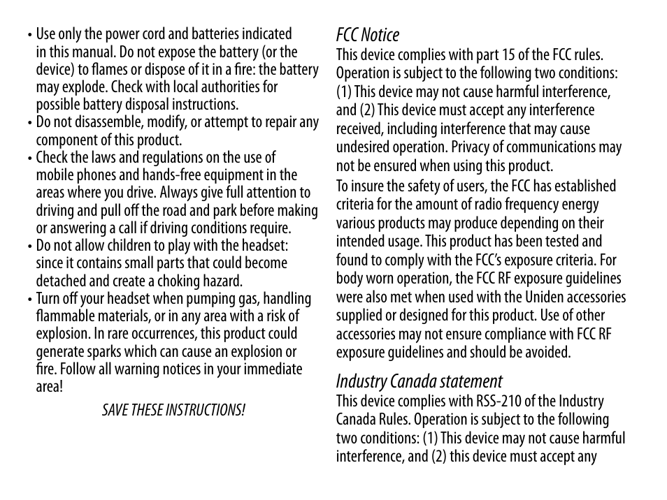 Fcc notice, Industry canada statement | Uniden BT229 User Manual | Page 14 / 16