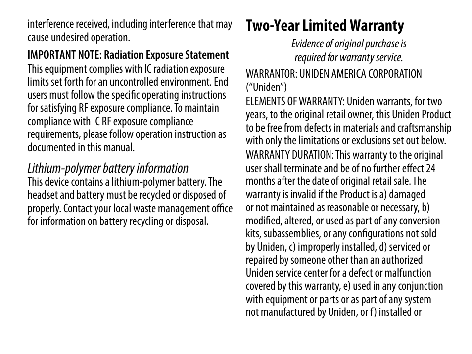 Two-year limited warranty, Lithium-polymer battery information | Uniden BT229 User Manual | Page 15 / 16