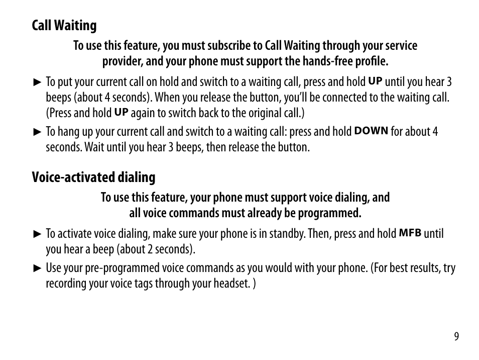 Call waiting, Voice-activated dialing | Uniden BT229 User Manual | Page 9 / 16