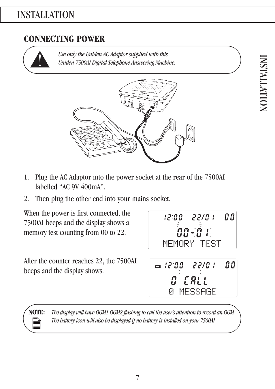 Installation inst alla tion, 0 message, Connecting power | Uniden 7500AI User Manual | Page 10 / 39